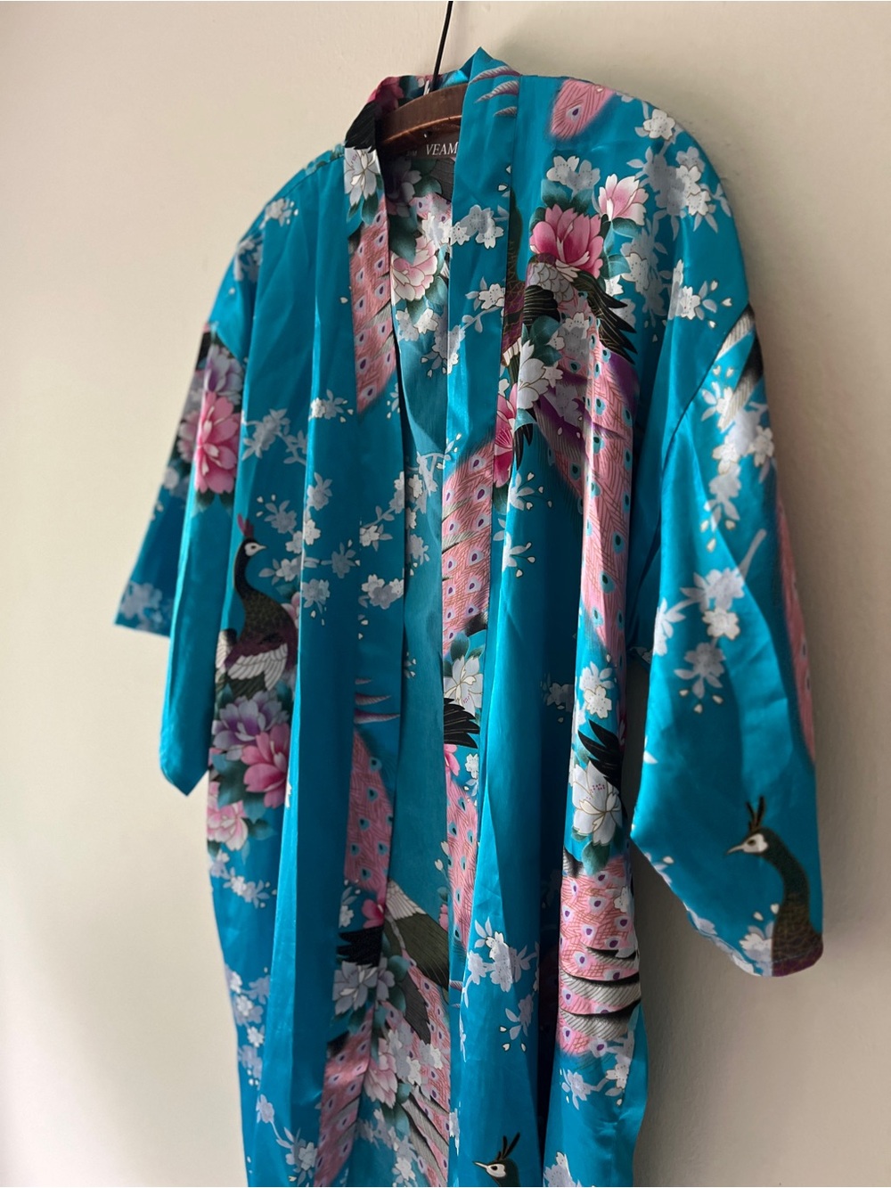 Veami Turquoise Floral Satin Kimono Cover-Up S/M - Picture 6 of 9